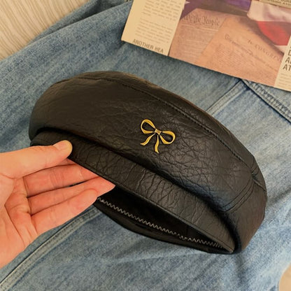 Ribbon Accent Faux Leather Beret