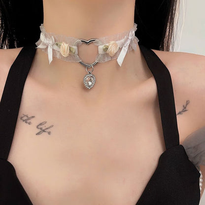 Rose Pendant Choker Tulle Heart Bow