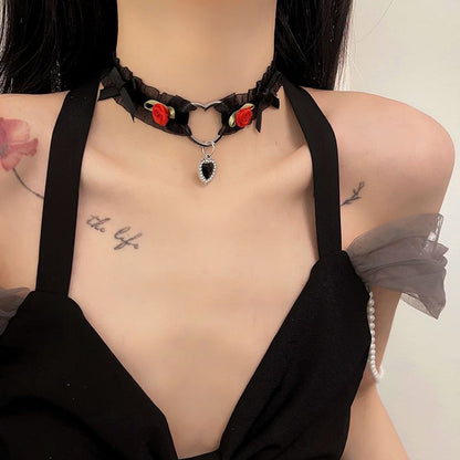 Rose Pendant Choker Tulle Heart Bow