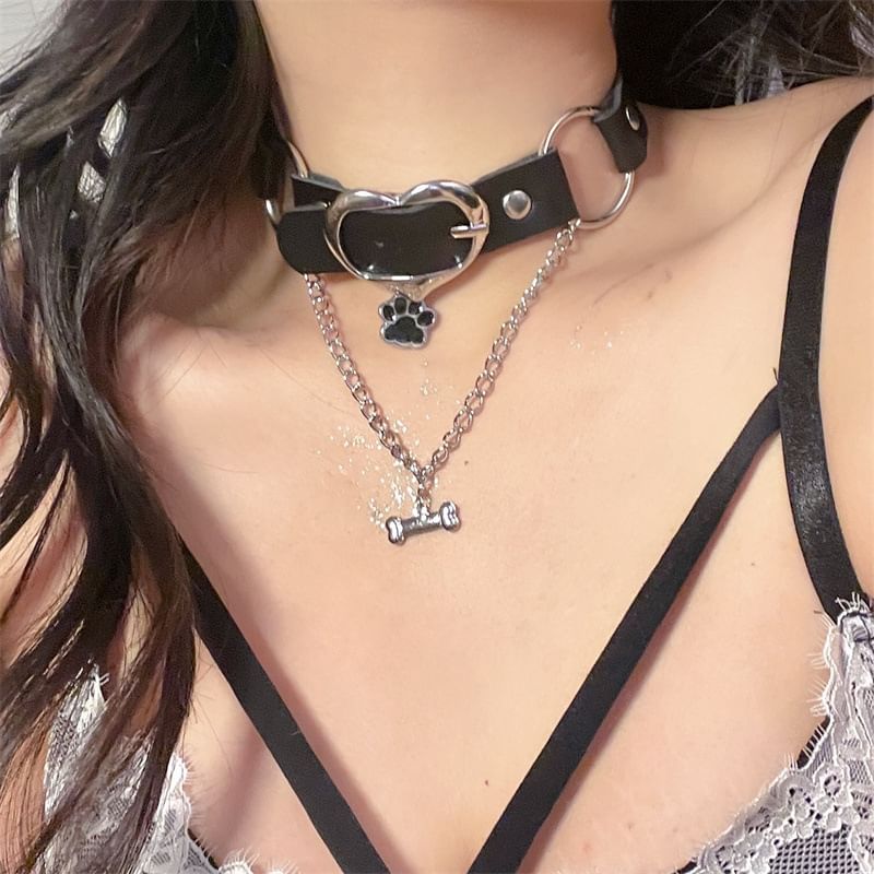 Heart Buckle Leather Choker Faux Paw