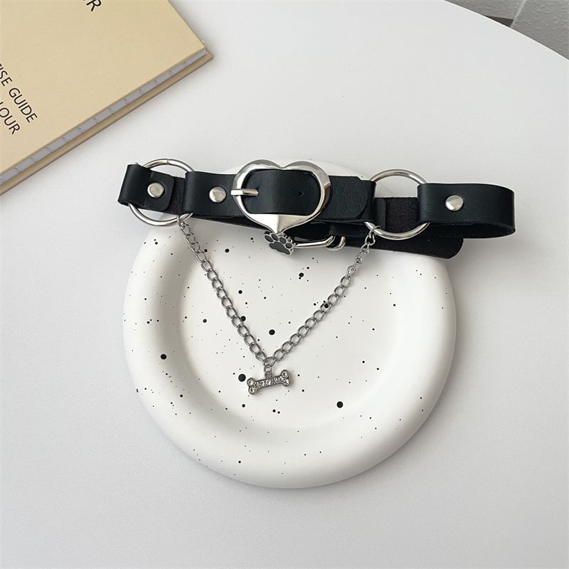 Heart Buckle Leather Choker Faux Paw