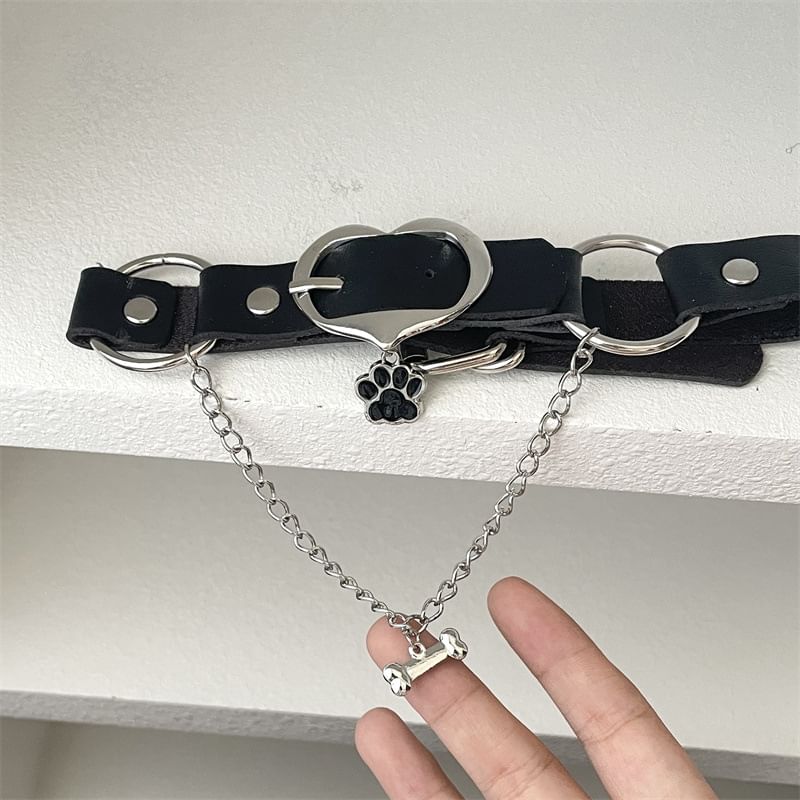 Heart Buckle Leather Choker Faux Paw
