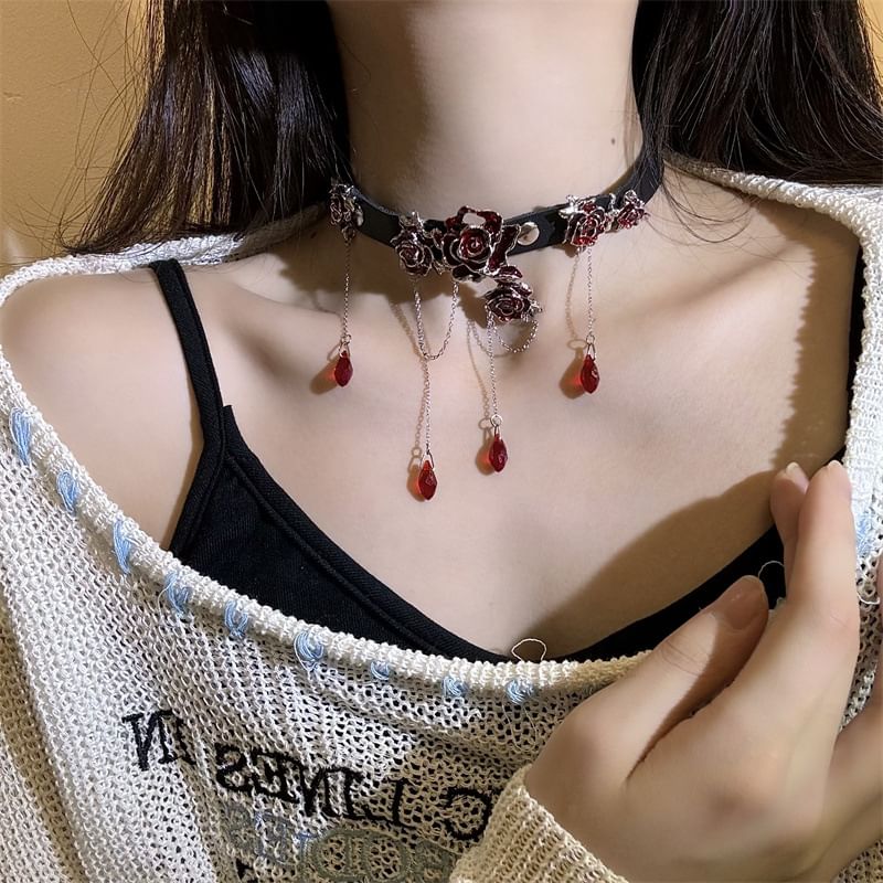 Choker Rhinestone Faux Leather