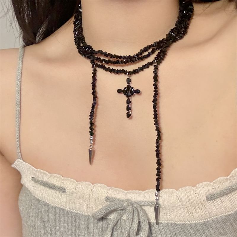Layered Beaded Necklace Cross