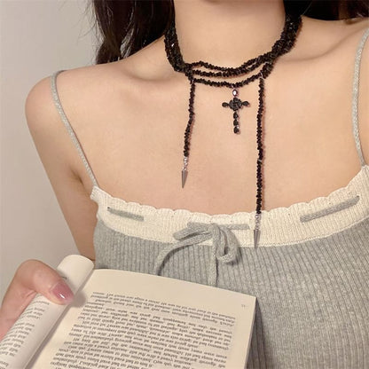 Layered Beaded Necklace Cross