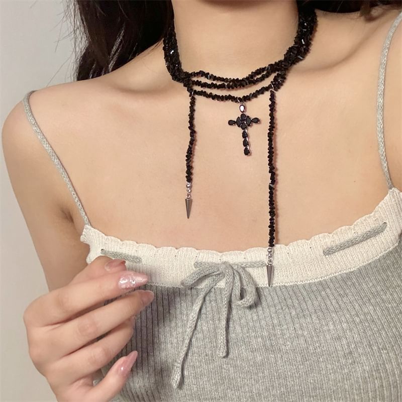 Layered Beaded Necklace Cross