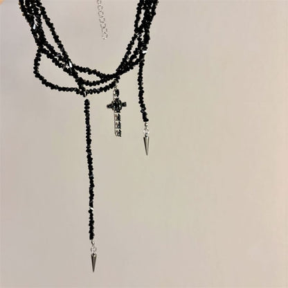 Layered Beaded Necklace Cross