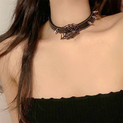 Faux Spike Stud Choker Spiderweb Leather