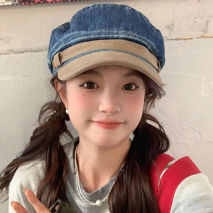 Faux Suede Washed Denim Panel Sailor Cap