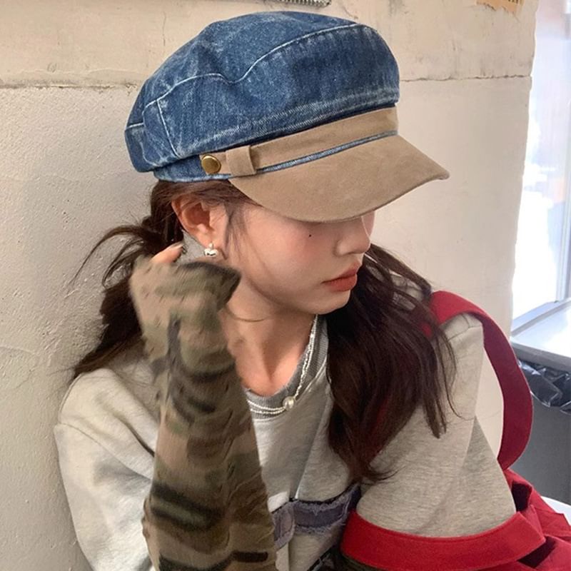 Faux Suede Washed Denim Panel Sailor Cap