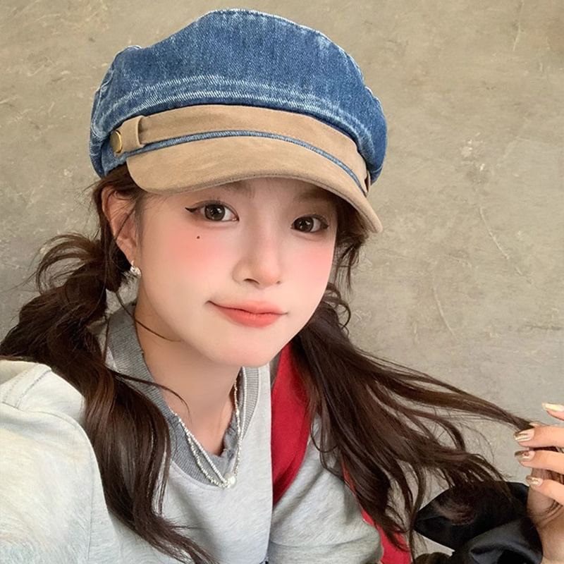 Faux Suede Washed Denim Panel Sailor Cap