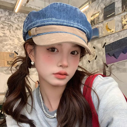 Faux Suede Washed Denim Panel Sailor Cap