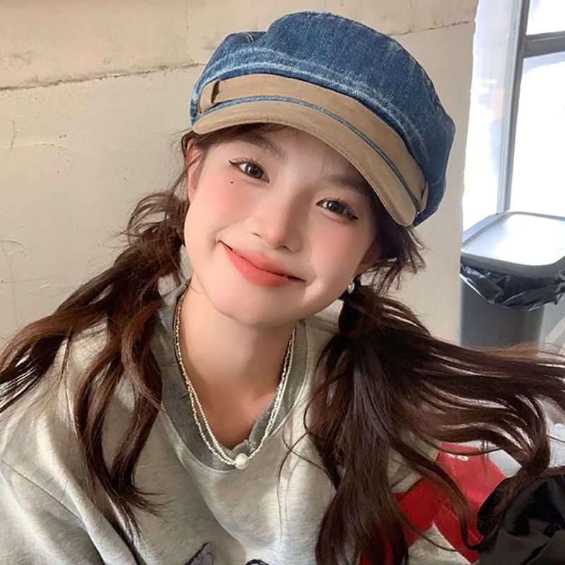 Faux Suede Washed Denim Panel Sailor Cap