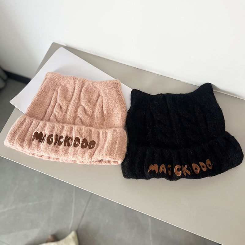 Lettering Knit Embroidered Cable Beanie