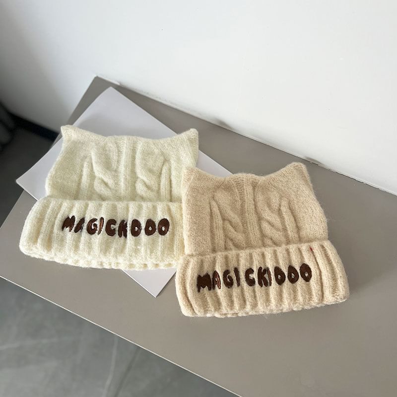 Lettering Knit Embroidered Cable Beanie