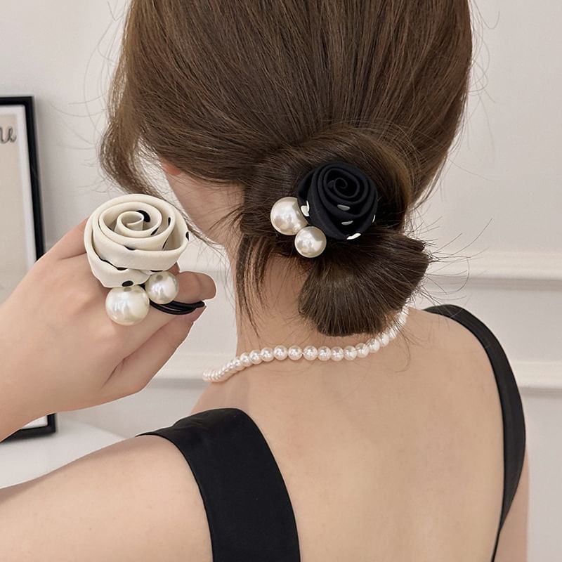 Flower Faux Pearl Accent Hair Tie