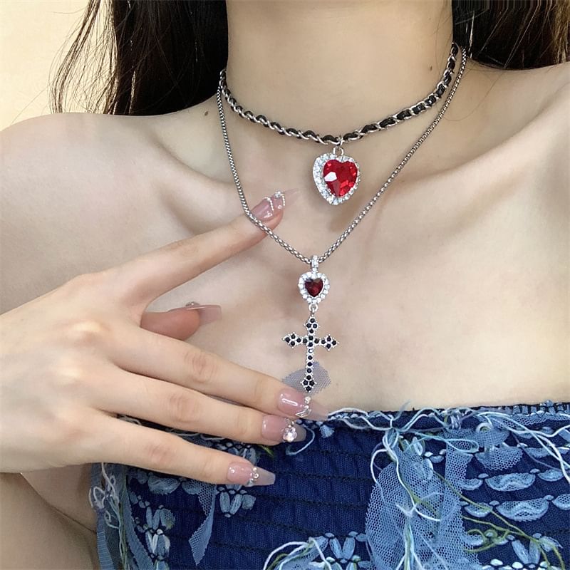 Alloy Layered Heart / Pendant Rhinestone Earring Drop Choker Cross