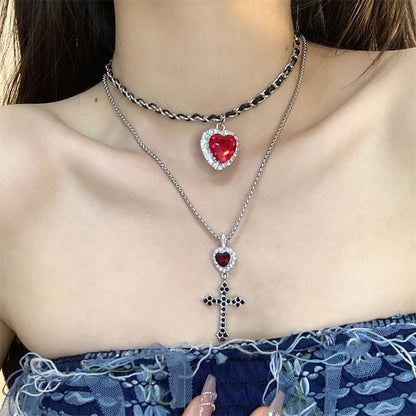 Alloy Layered Heart / Pendant Rhinestone Earring Drop Choker Cross
