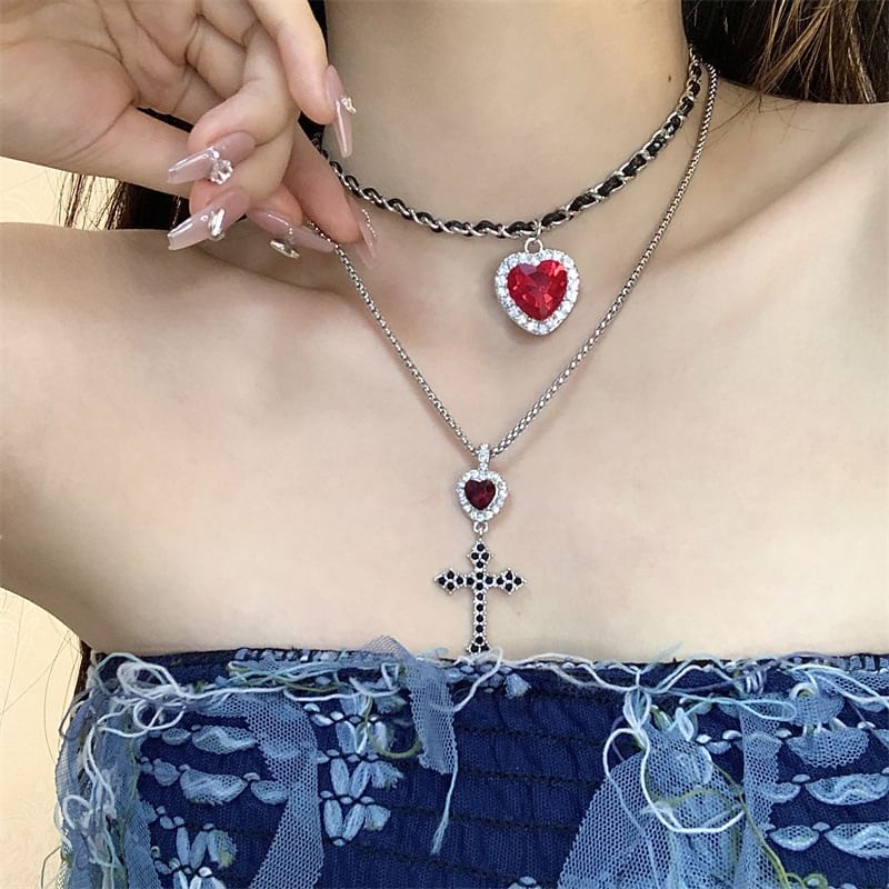 Alloy Layered Heart / Pendant Rhinestone Earring Drop Choker Cross