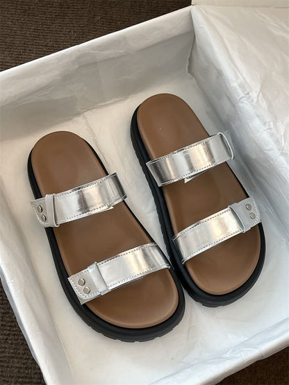 Platform Plain Faux Leather Slide Sandals