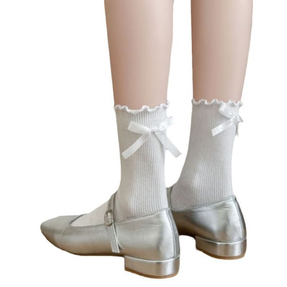 Plain Bow Lettuce Edge Ribbed Socks