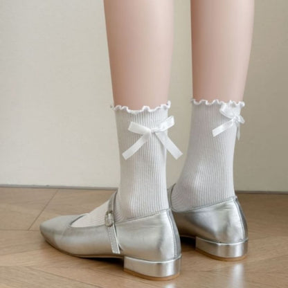 Plain Bow Lettuce Edge Ribbed Socks