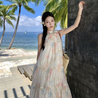 Tiered Midi Sundress Floral Sleeveless A-Line Halter