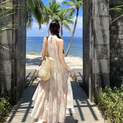 Tiered Midi Sundress Floral Sleeveless A-Line Halter