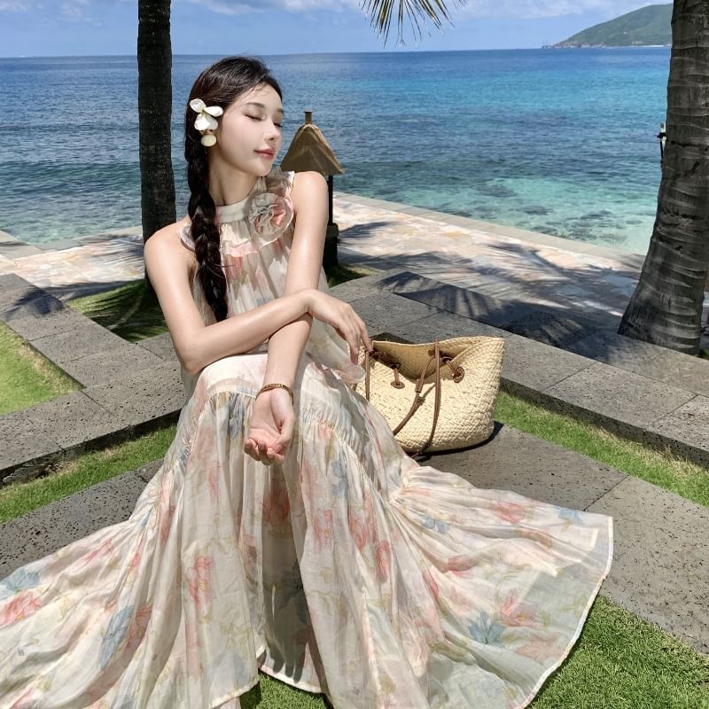 Tiered Midi Sundress Floral Sleeveless A-Line Halter