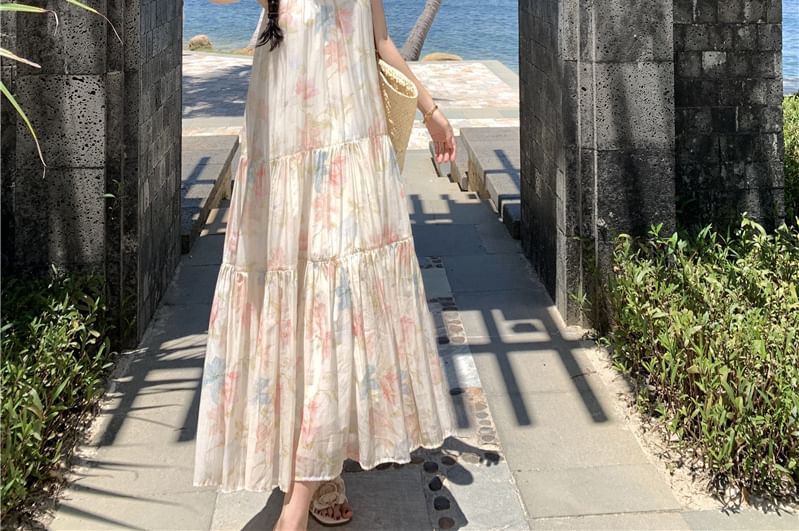 Tiered Midi Sundress Floral Sleeveless A-Line Halter