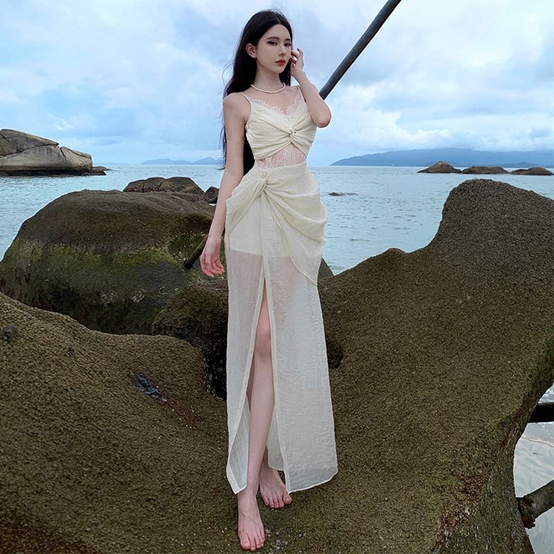 Sheath Slit Panel Maxi Lace Strap Dress Knot Spaghetti