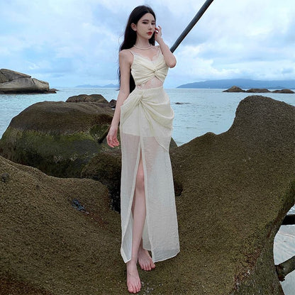 Sheath Slit Panel Maxi Lace Strap Dress Knot Spaghetti