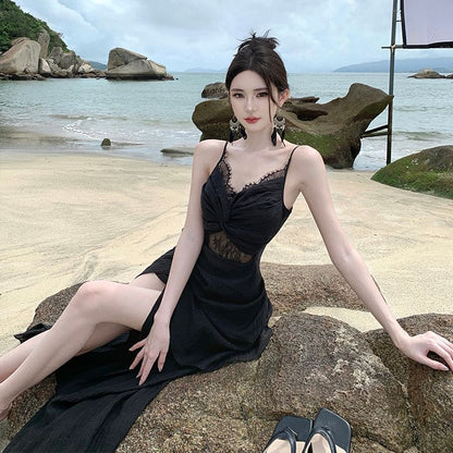 Sheath Slit Panel Maxi Lace Strap Dress Knot Spaghetti