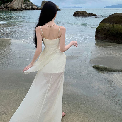 Sheath Slit Panel Maxi Lace Strap Dress Knot Spaghetti