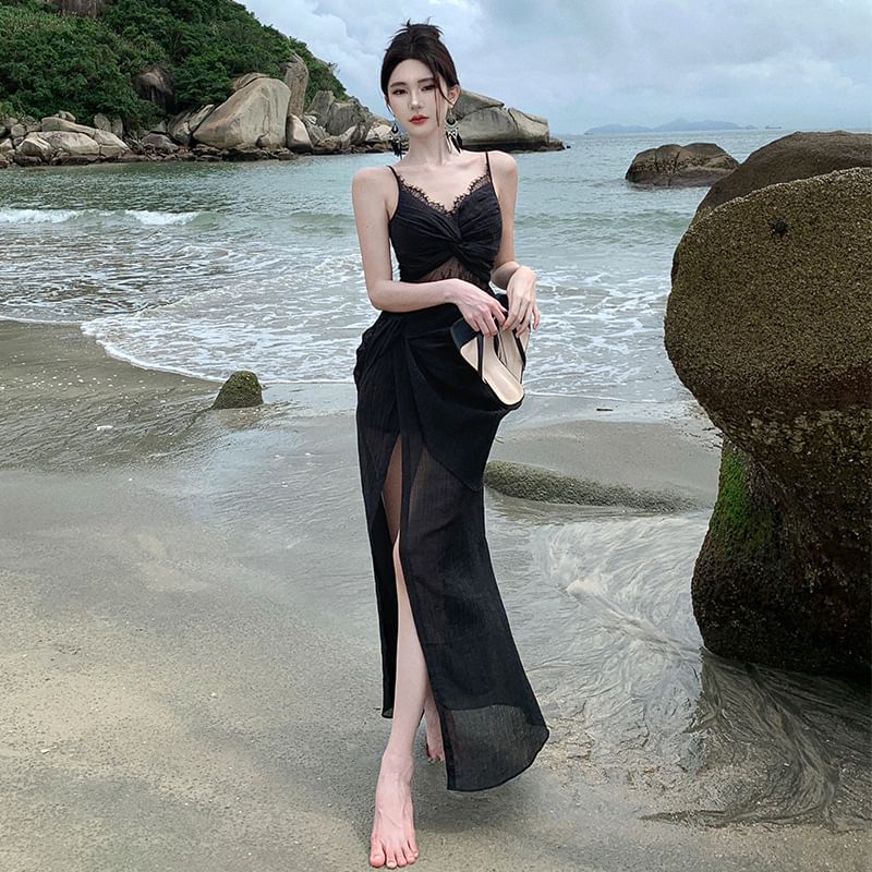 Sheath Slit Panel Maxi Lace Strap Dress Knot Spaghetti