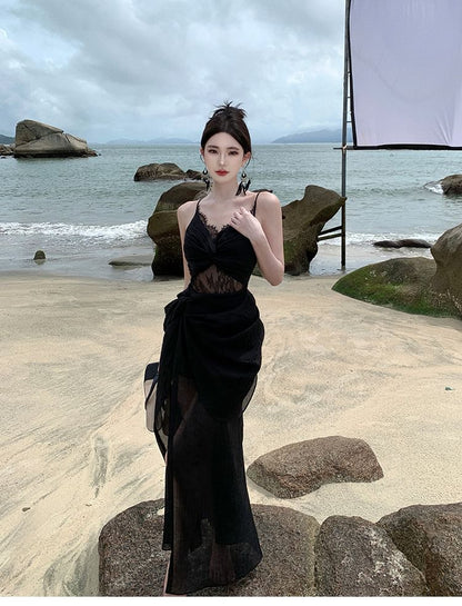 Sheath Slit Panel Maxi Lace Strap Dress Knot Spaghetti