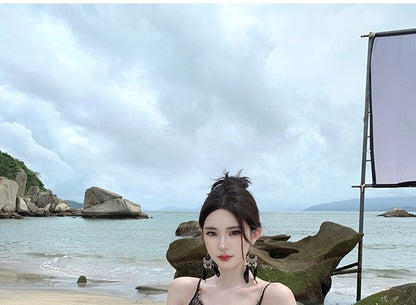 Sheath Slit Panel Maxi Lace Strap Dress Knot Spaghetti