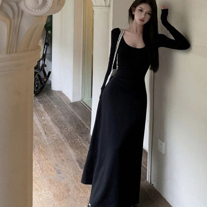 Maxi Plain A-Line Open Long-Sleeve Round Dress Neck Back