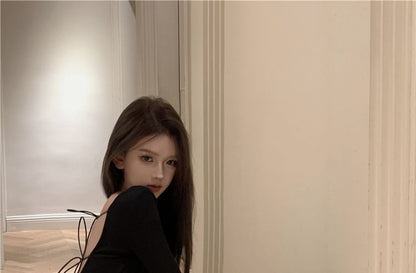 Maxi Plain A-Line Open Long-Sleeve Round Dress Neck Back