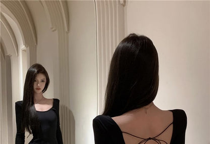 Maxi Plain A-Line Open Long-Sleeve Round Dress Neck Back