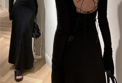 Maxi Plain A-Line Open Long-Sleeve Round Dress Neck Back