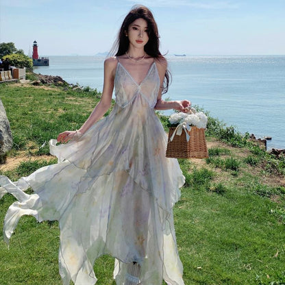 Floral A-Line Lace Spaghetti Sundress Strap Panel Midi Asymmetrical