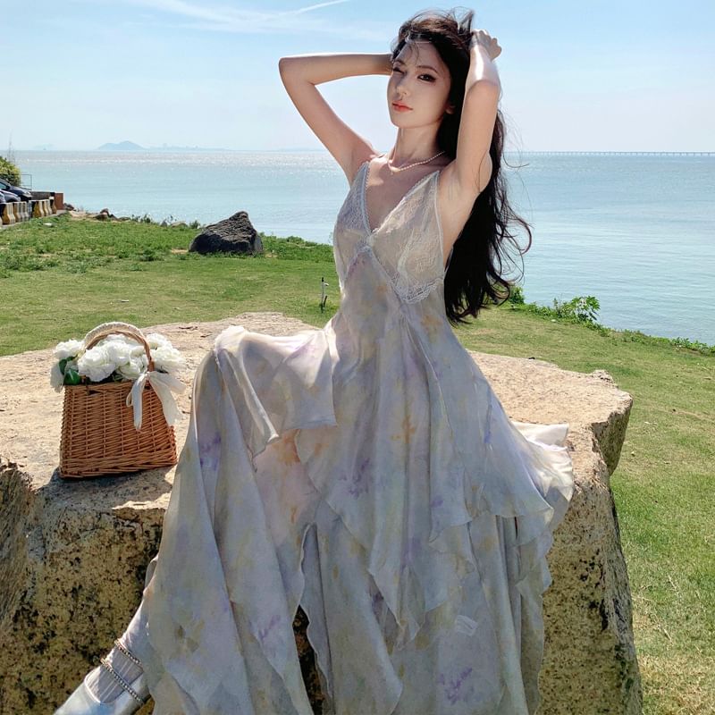 Floral A-Line Lace Spaghetti Sundress Strap Panel Midi Asymmetrical