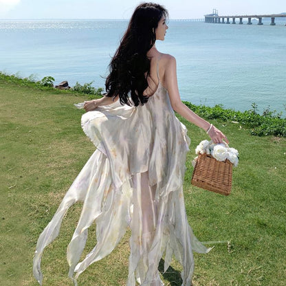 Floral A-Line Lace Spaghetti Sundress Strap Panel Midi Asymmetrical