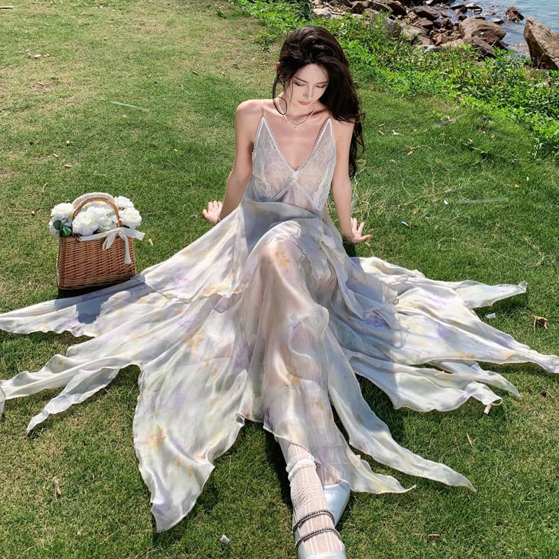 Floral A-Line Lace Spaghetti Sundress Strap Panel Midi Asymmetrical