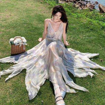 Floral A-Line Lace Spaghetti Sundress Strap Panel Midi Asymmetrical