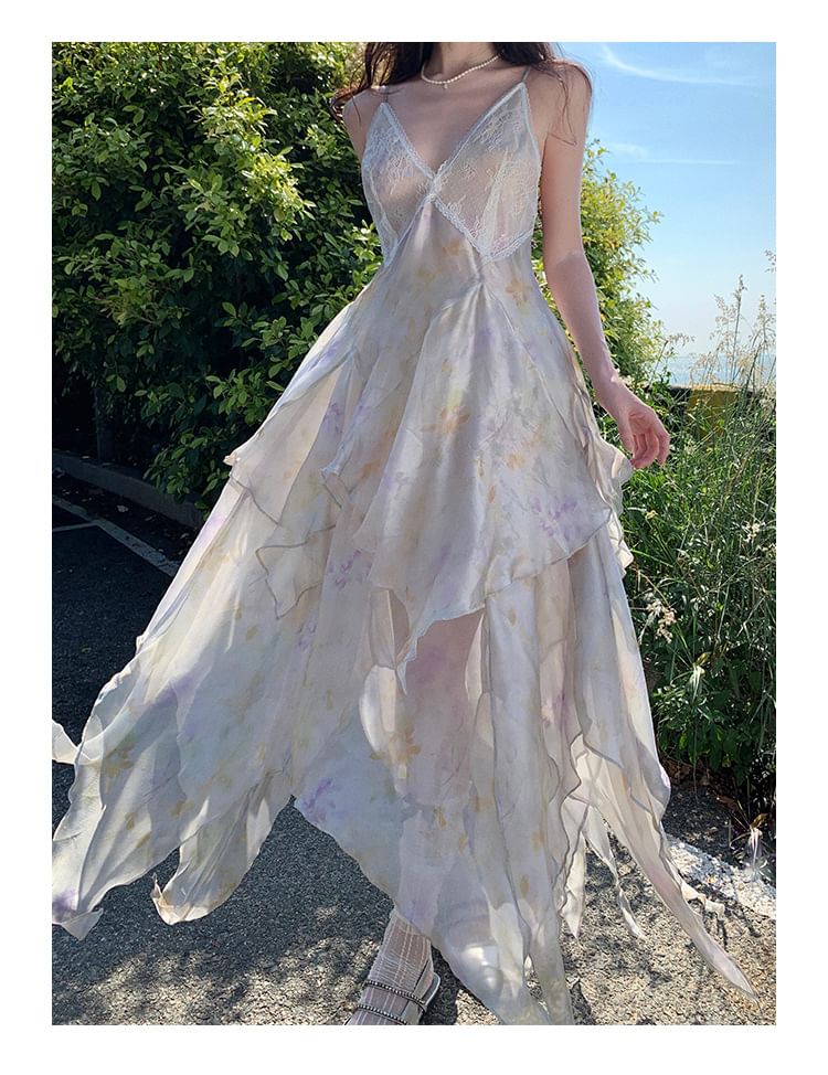 Floral A-Line Lace Spaghetti Sundress Strap Panel Midi Asymmetrical