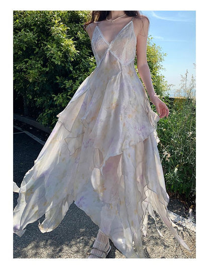 Floral A-Line Lace Spaghetti Sundress Strap Panel Midi Asymmetrical