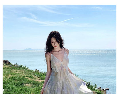 Floral A-Line Lace Spaghetti Sundress Strap Panel Midi Asymmetrical