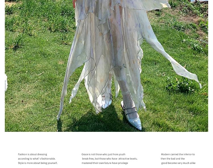 Floral A-Line Lace Spaghetti Sundress Strap Panel Midi Asymmetrical